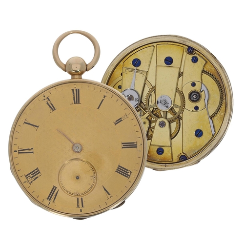 741 - Irish 18ct gold duplex pocket watch, gilt movement with gilt three arm balance, regulator and compen... 