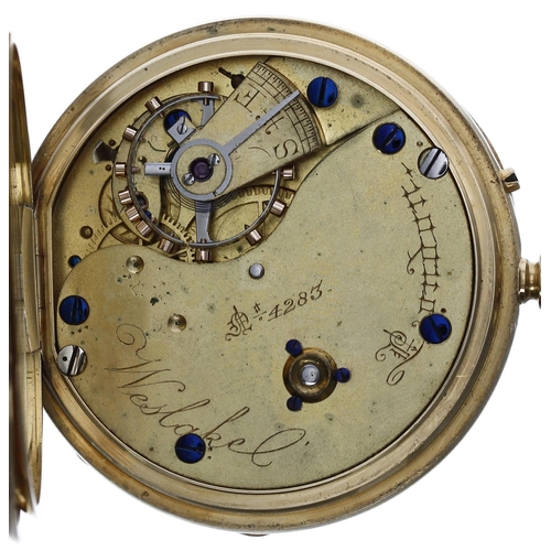 655 - Victorian 18ct lever pocket watch, London 1894, gilt three quarter plate movement signed Weslakel, L... 