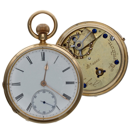 655 - Victorian 18ct lever pocket watch, London 1894, gilt three quarter plate movement signed Weslakel, L... 