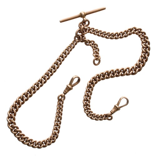 756 - Good 9ct graduated curb link double watch Albert chain, with 9ct T-bar and two clasps, each link sta... 