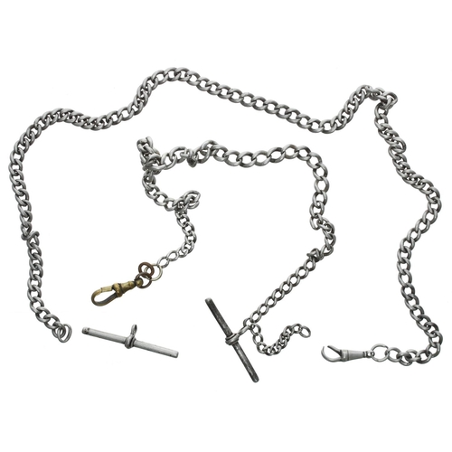 760 - Silver graduated curb link watch Albert chain, with clasp and silver T-bar, 13.25''; together with a... 