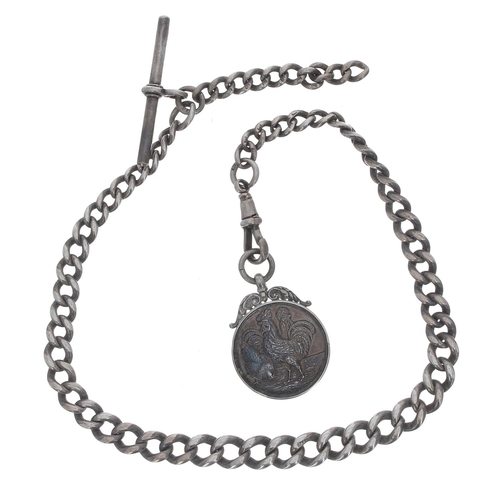 773 - Silver graduated curb link watch Albert chain, with silver T-bar and clasp and a silver fob embossed... 