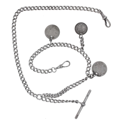 774 - Silver curb link double watch Albert chain, with silver T-bar, two silver clasps and three coin fobs... 