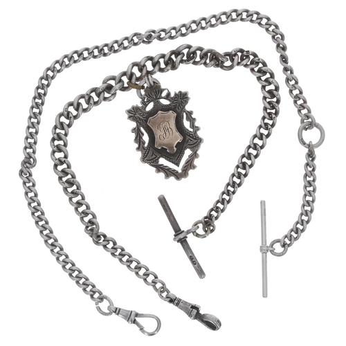 775 - Silver graduated curb link watch Albert chain, with silver T-bar, clasp and medallion fob, 10.5'' lo... 