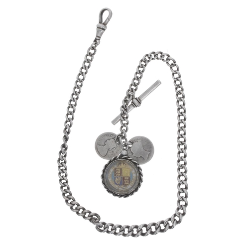 776 - Silver graduated curb link watch Albert chain, with silver T-bar and clasp and three coin fobs, 14.7... 