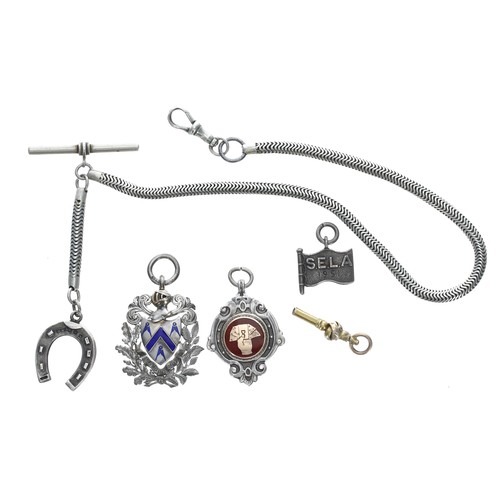 778 - White metal watch Albert chain with clasp and silver horseshoe fob, 14'' long; together with silver ... 