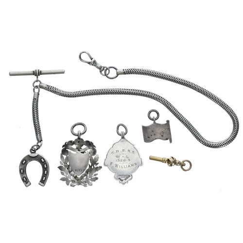 778 - White metal watch Albert chain with clasp and silver horseshoe fob, 14'' long; together with silver ... 