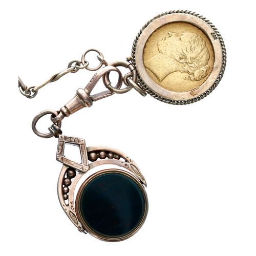 782 - 9ct watch Albert chain with a 9ct mounted swivel fob and a Victorian 1880 full sovereign coin, 27gm,... 