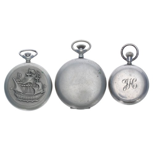 804 - Nickel cased lever pocket watch, the case back embossed with a sailing ship, 50mm; together with a W... 