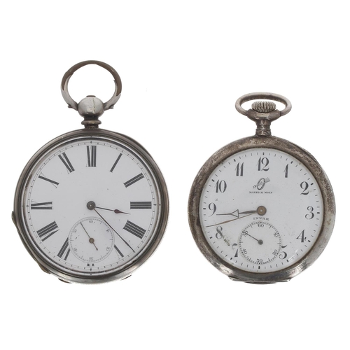 808 - Invar silver (0.935) lever engine turned pocket watch, 49mm; together with a silver cylinder pocket ... 