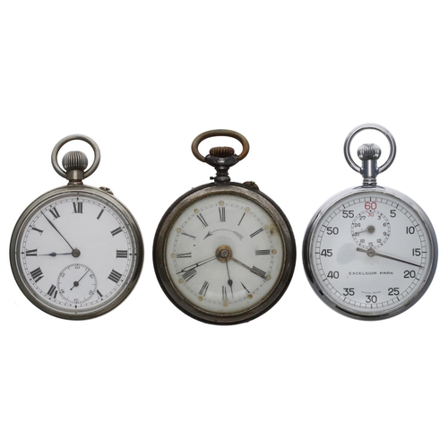 813 - Gunmetal alarm pocket watch, 51mm (replacement nickel bezel); together with an 'Excelsior Park' chro... 