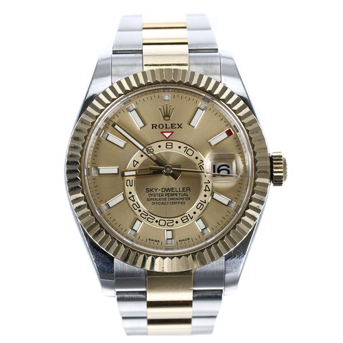 Rolex Oyster Perpetual Sky-Dweller gold and stainless steel gentleman's wristwatch, reference no. 326933, serial no. V204xxxx, circa 2019, fluted bezel, champagne dial with inner rotating 24 hour chapter, date aperture with sweep centre seconds, Oyster bracelet with folding clasp, 42mm 