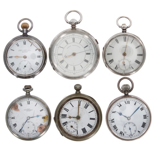 872 - Four silver pocket watches for repair to include a Marine Chronograph, Rival and fusee lever signed ... 