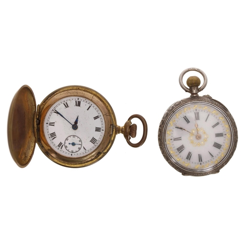 876 - Silver (0.935) and enamel cylinder engraved fob watch for repair, 35mm; together with a gilt metal c... 