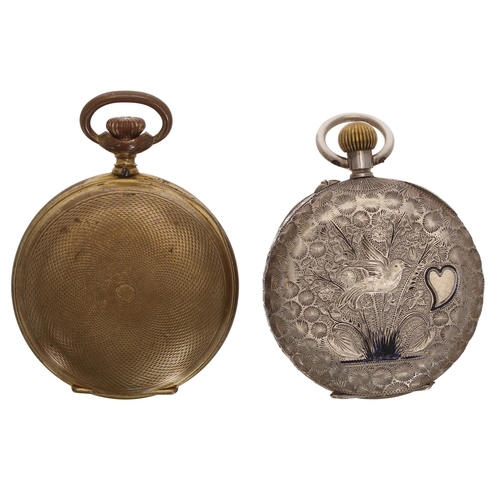 876 - Silver (0.935) and enamel cylinder engraved fob watch for repair, 35mm; together with a gilt metal c... 