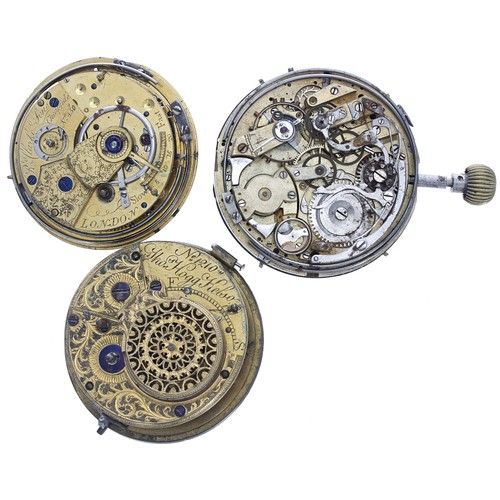 882 - Repeating calendar centre seconds lever pocket watch movement for repair, 47mm; together with a repe... 