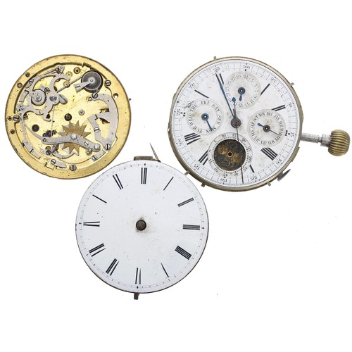 882 - Repeating calendar centre seconds lever pocket watch movement for repair, 47mm; together with a repe... 