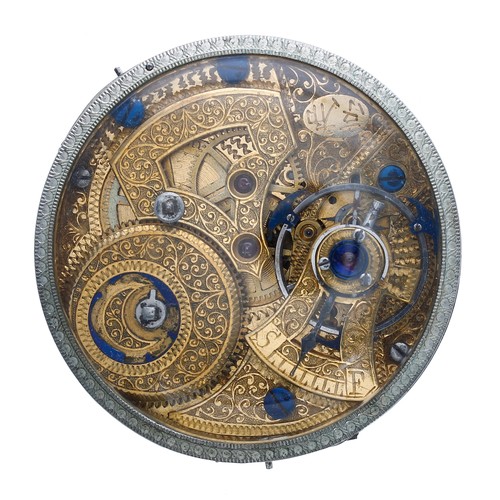 883 - Chinese duplex pocket watch movement, signed and elaborately engraved with steel three arm 'bat-wing... 