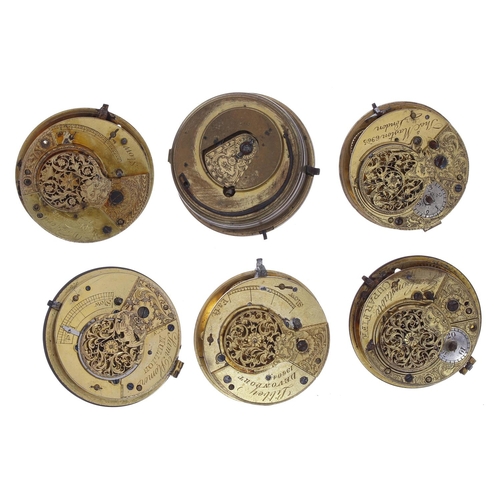 884 - Six fusee verge pocket watch movements, makers W'm Dunsford, Plymouth; Chas Merton, London; Sam'l Pl... 