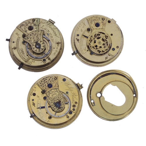 885 - Three fusee verge pocket watch movements, makers Philip Blake; Jas Wilson, London; one unsigned (3)... 