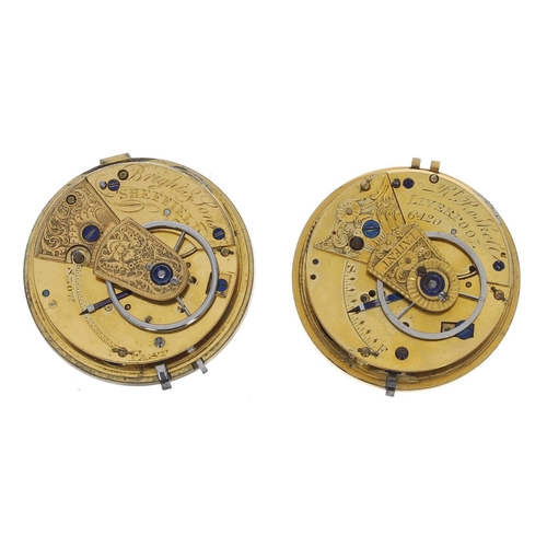 886 - Robert Roskell, Liverpool fusee rack lever pocket watch movement, dust cover, enamel dial, 45mm; tog... 