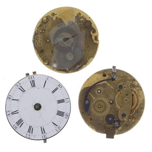 887 - Three fusee verge pocket watch movements for repair, makers John Hebert, Isleworth; Rowlands, Birwic... 