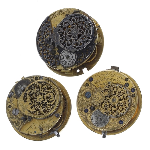 887 - Three fusee verge pocket watch movements for repair, makers John Hebert, Isleworth; Rowlands, Birwic... 