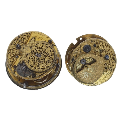 889 - 18th century mock pendulum fusee verge pocket watch movement for repair, signed Fra Colman, Ipswich ... 