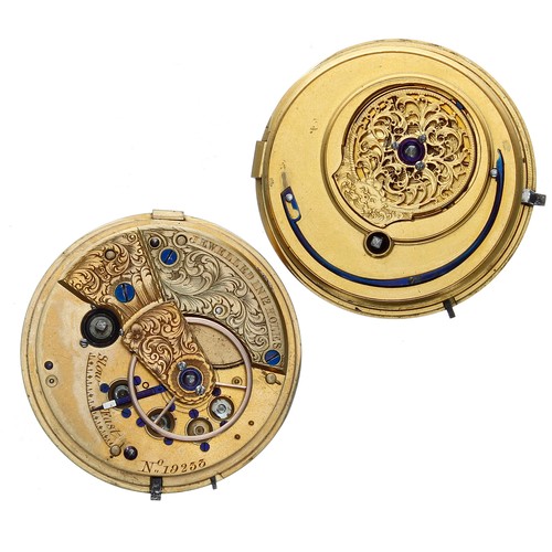 890 - Good fusee lever pocket watch movement with stop/work lever, unsigned, dust cover, enamel dial, blue... 