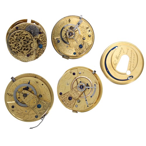 891 - Jas Murray, London fusee cylinder pocket watch movement, with signed dust cover (lacking dial); toge... 