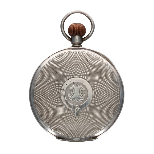 906 - Cut glass desk inkwell with silver swivel cover enclosing a Swiss silver engine turned pocket watch,... 