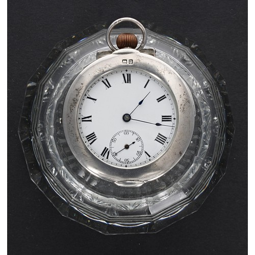 906 - Cut glass desk inkwell with silver swivel cover enclosing a Swiss silver engine turned pocket watch,... 