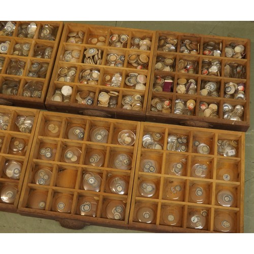 912 - Eight drawer wooden chest containing a large quantity of various sized watch glasses, 16.25'' high x... 