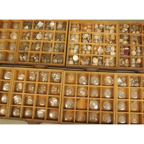 912 - Eight drawer wooden chest containing a large quantity of various sized watch glasses, 16.25'' high x... 