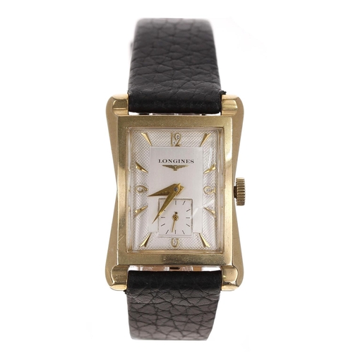 149 - Longines 10k gold filled rectangular gentleman's wristwatch, reference no. 2148-1, serial no. 9857xx... 