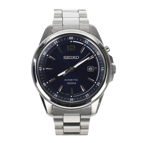 187 - Seiko Kinetic 100m stainless steel gentleman's wristwatch, reference no. 5M62-0DC0, dark blue dial, ... 