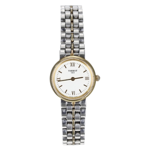 209 - Tissot bicolour lady's wristwatch, reference no. T953, textured white dial with gilt quarter hour Ro... 