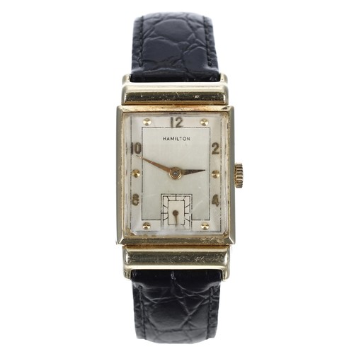 243 - Hamilton 14ct rectangular gentleman's wristwatch, circa 1940s, rectangular silvered dial with gilt A... 