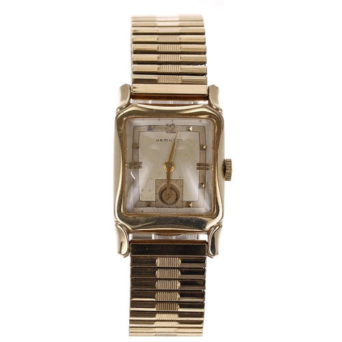 246 - Hamilton 10k gold filled rectangular gentleman's wristwatch, rectangular silvered two tone dial with... 