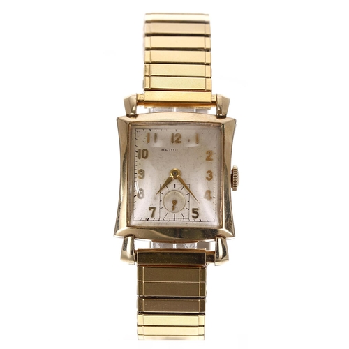 249 - Hamilton 10k gold filled curved rectangular gentleman's wristwatch, rectangular silvered dial with a... 