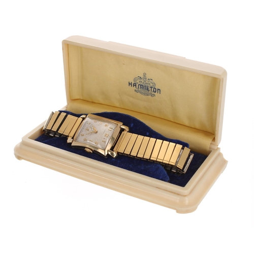 249 - Hamilton 10k gold filled curved rectangular gentleman's wristwatch, rectangular silvered dial with a... 