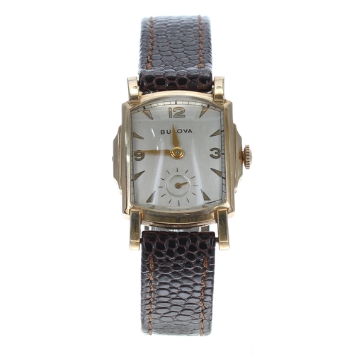 256 - Bulova 10k gold filled rectangular gentleman's wristwatch, circa 1950, silvered dial with gilt Arabi... 