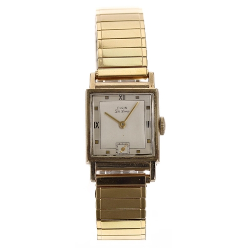 316 - Elgin De Luxe 10k gold filled square cased gentleman's wristwatch, square silvered dial with quarter... 