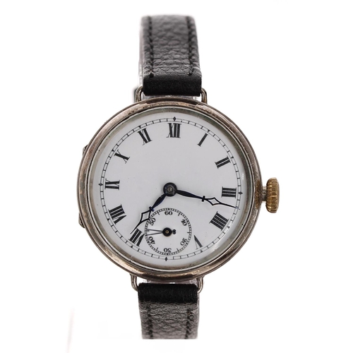 349 - Silver wire-lug gentleman's wristwatch, import hallmarks London 1929, circular enamel dial with Roma... 