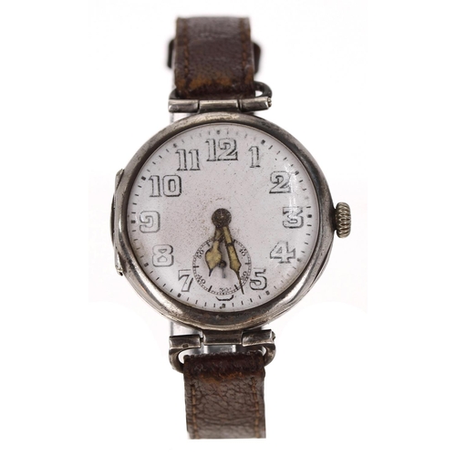 356 - Silver officers trench wristwatch, import hallmarks London 1922, circular enamel dial with Arabic nu... 