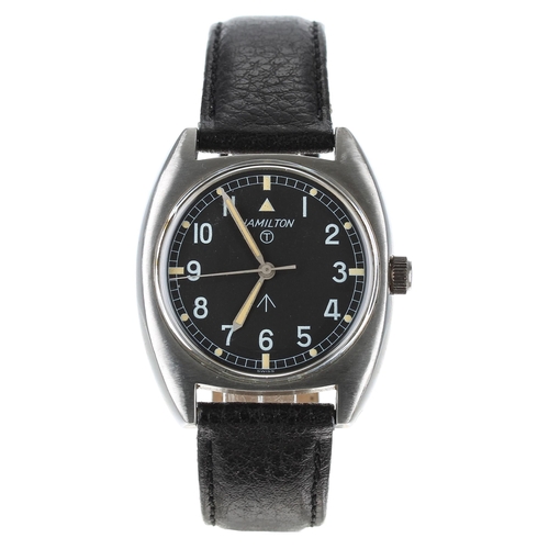 361 - Hamilton British Military Army issue stainless steel wristwatch, circa 1973, black dial with Militar... 