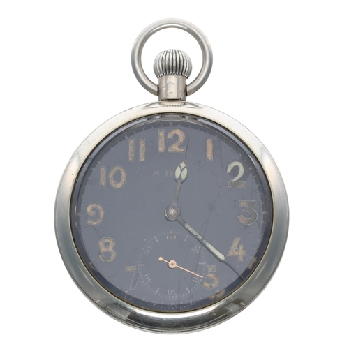 370 - Military nickel cased pocket watch, Swiss movement, no. 18273, hinged cuvette, black 8 days dial wit... 