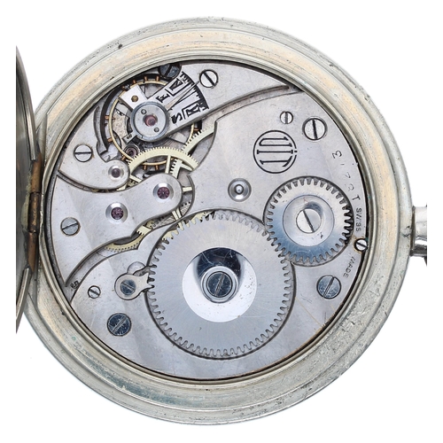 370 - Military nickel cased pocket watch, Swiss movement, no. 18273, hinged cuvette, black 8 days dial wit... 