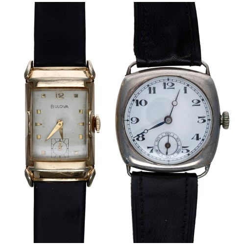 404 - Bulova 10k rolled gold rectangular wristwatch, circa 1953, black strap, silvered dial with Arabic 12... 