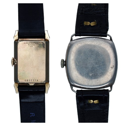 404 - Bulova 10k rolled gold rectangular wristwatch, circa 1953, black strap, silvered dial with Arabic 12... 